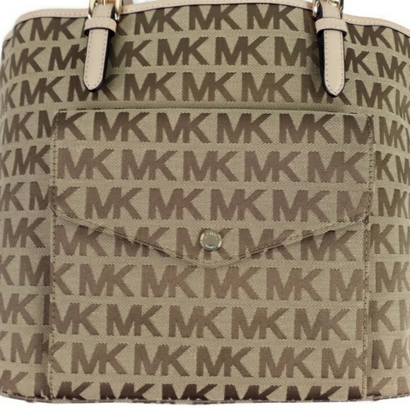 Michael Kors Jet set Signature Pocket MF Tote Brown Khaki Jacquard Leather - Picture 7 of 16